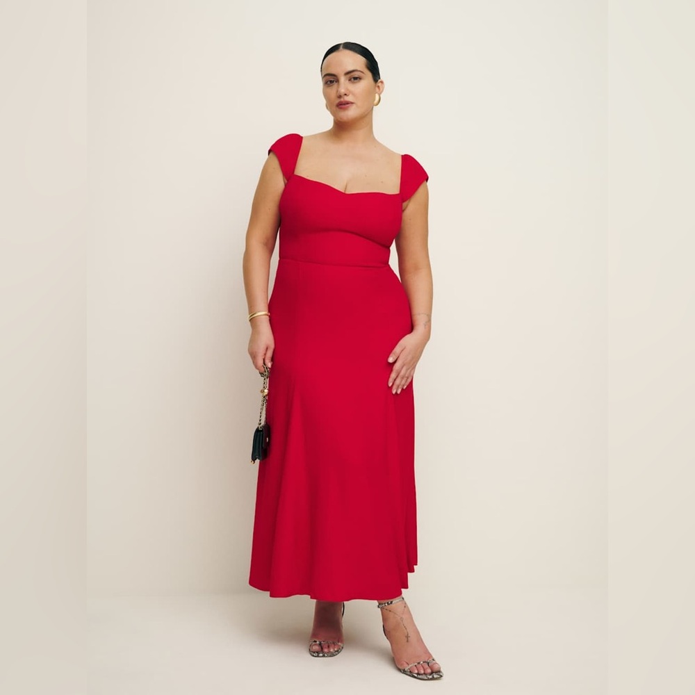 Reformation Vibrant Red Midi Dress with Cap Sleeves